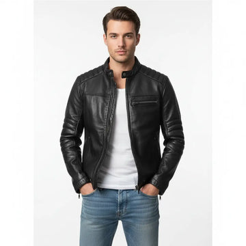 Men’s Leather Jacket Genuine Sheep skin Cafe Racer Motorcycle Biker Black