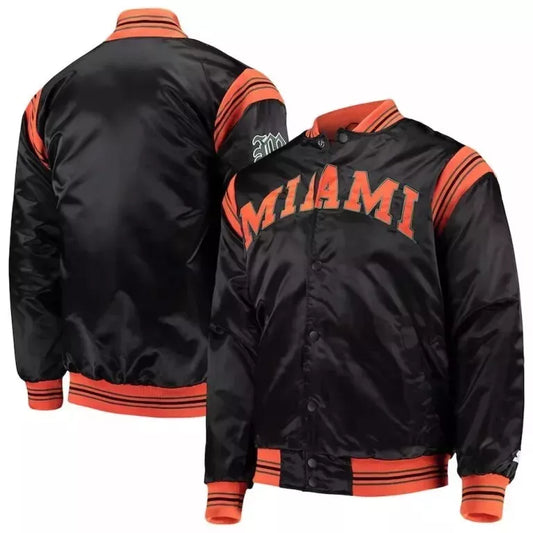 MLB - Miami Hurricanes Black Satin Varsity Jacket Enforcer Baseball Bomber Style