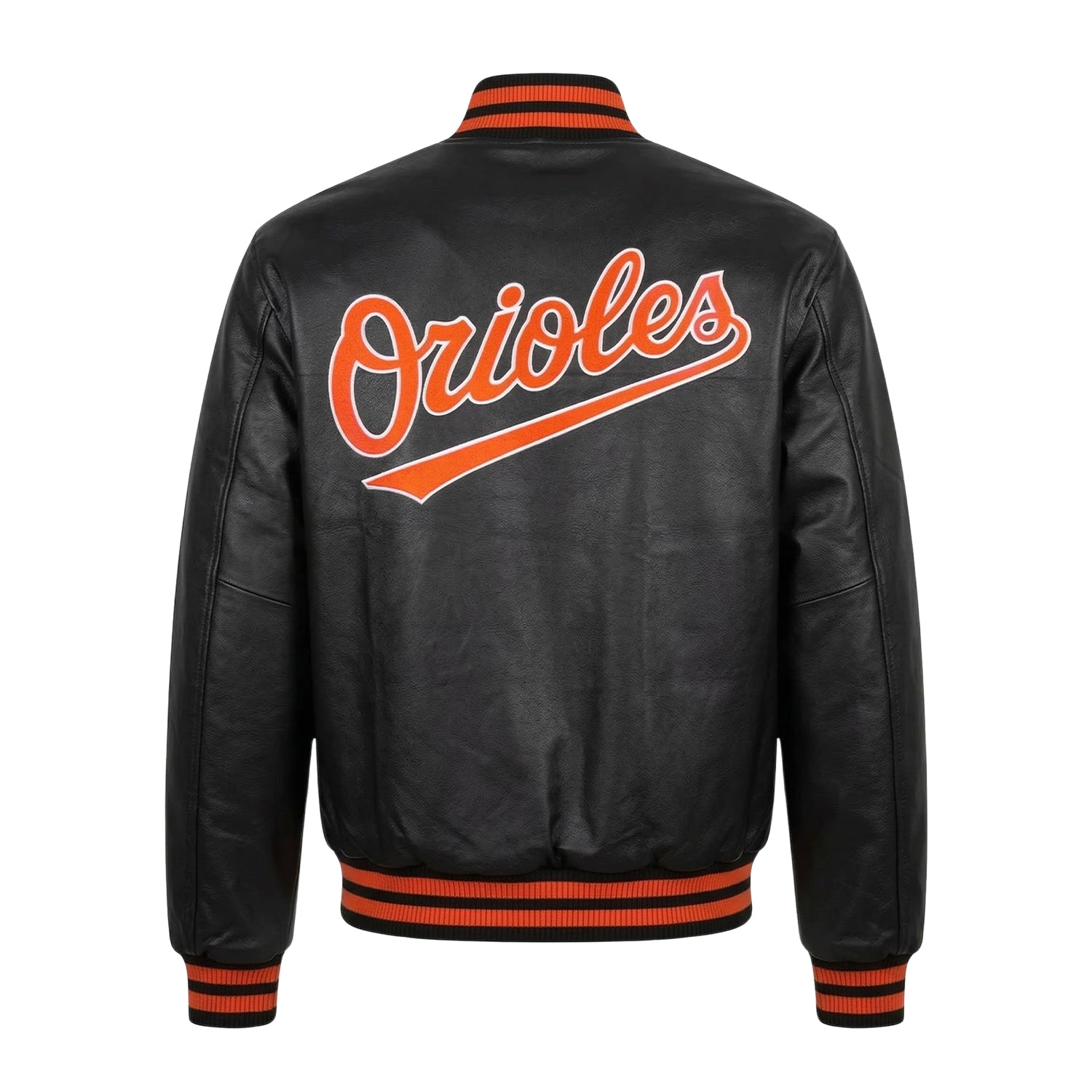 MLB Men's Baltimore Orioles Black Soft Leather Varsity Jacket (Back)