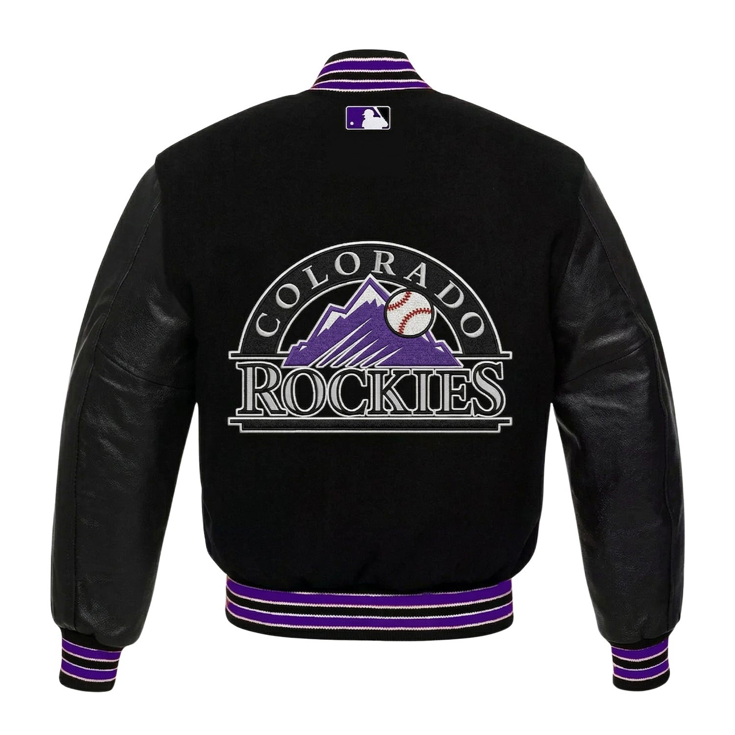 MLB Men's Colorado Rockies Black Wool & Leather Varsity Jacket (Back)