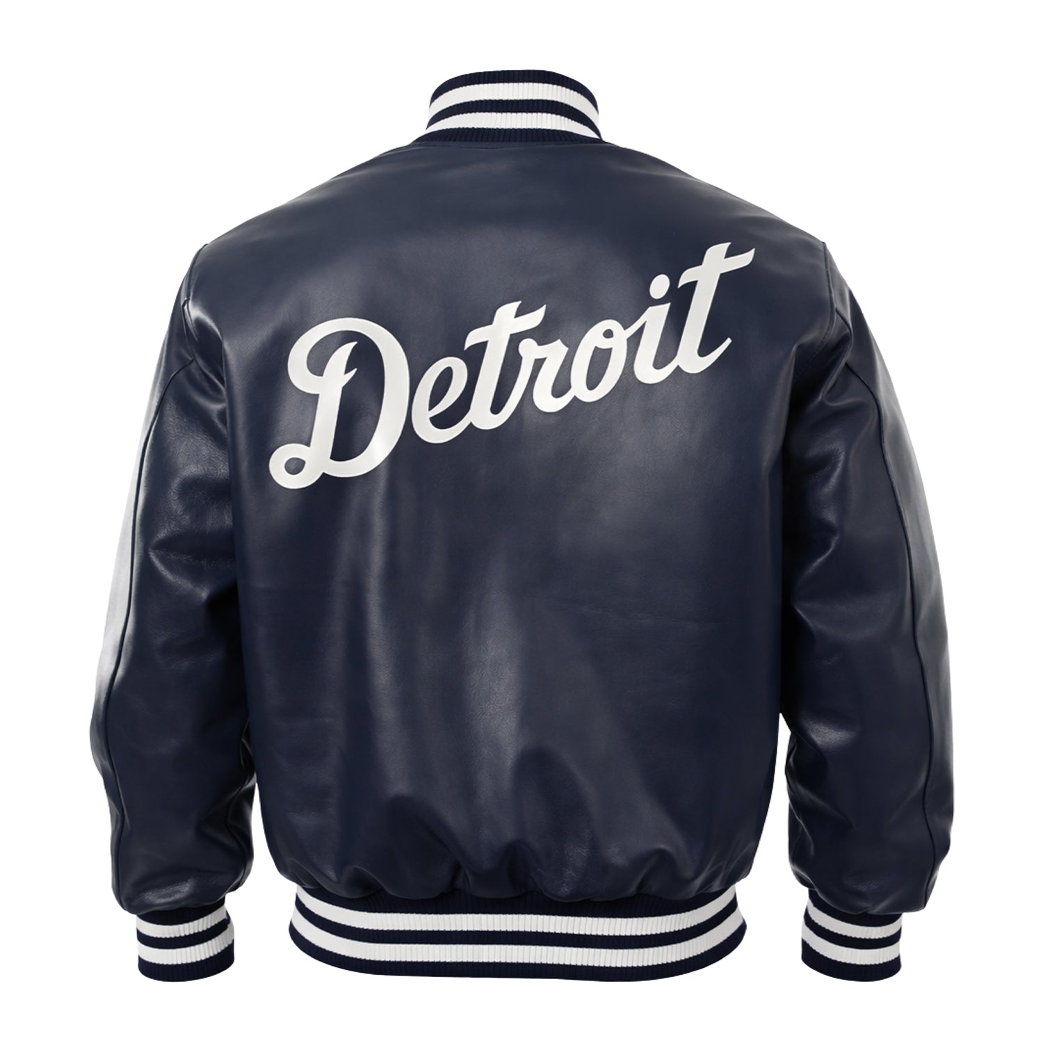 MLB Men's Detroit Tigers Navy Leather Varsity Jacket (Back)