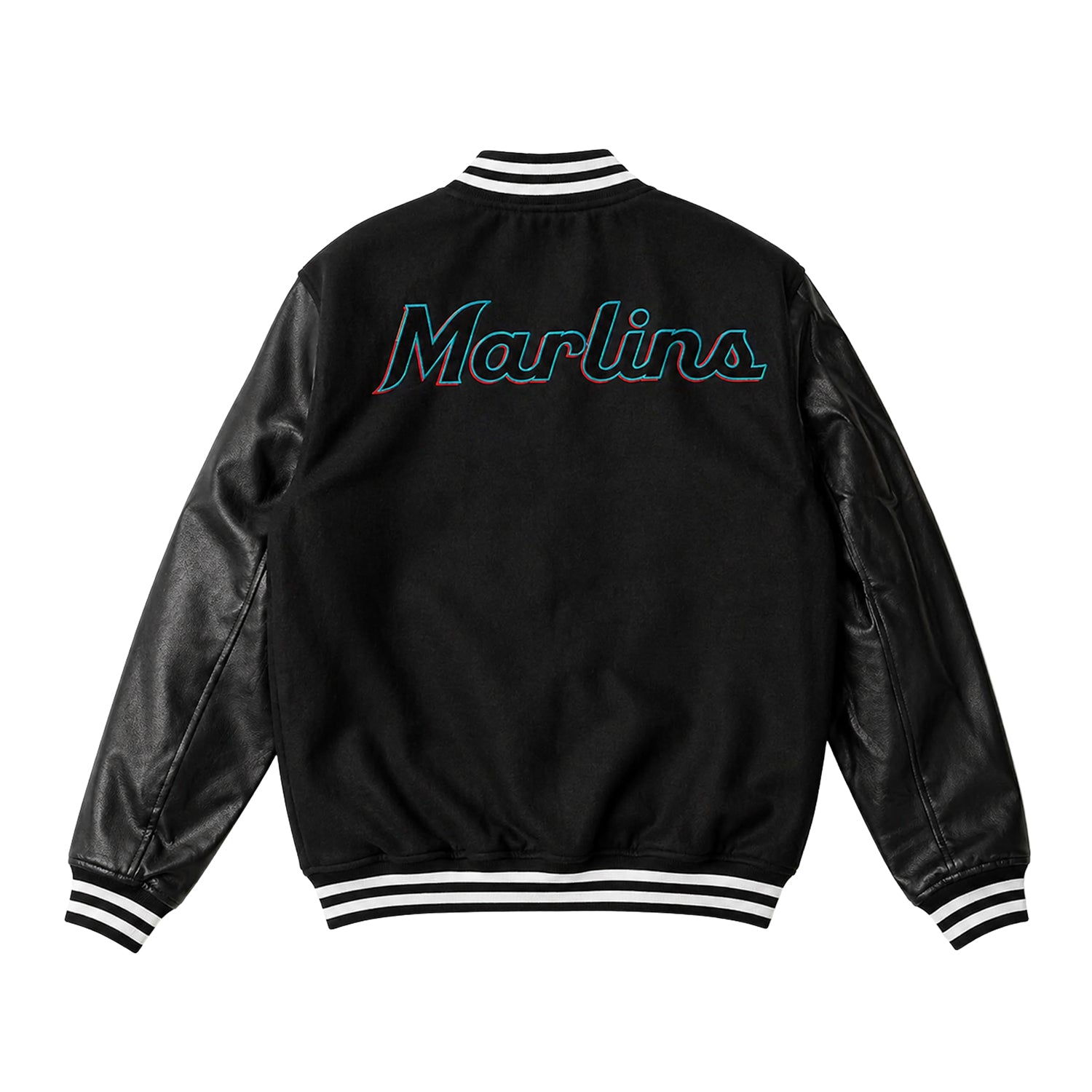 MLB Men's Miami Marlins Black Wool & Leather Varsity Jacket (Back)