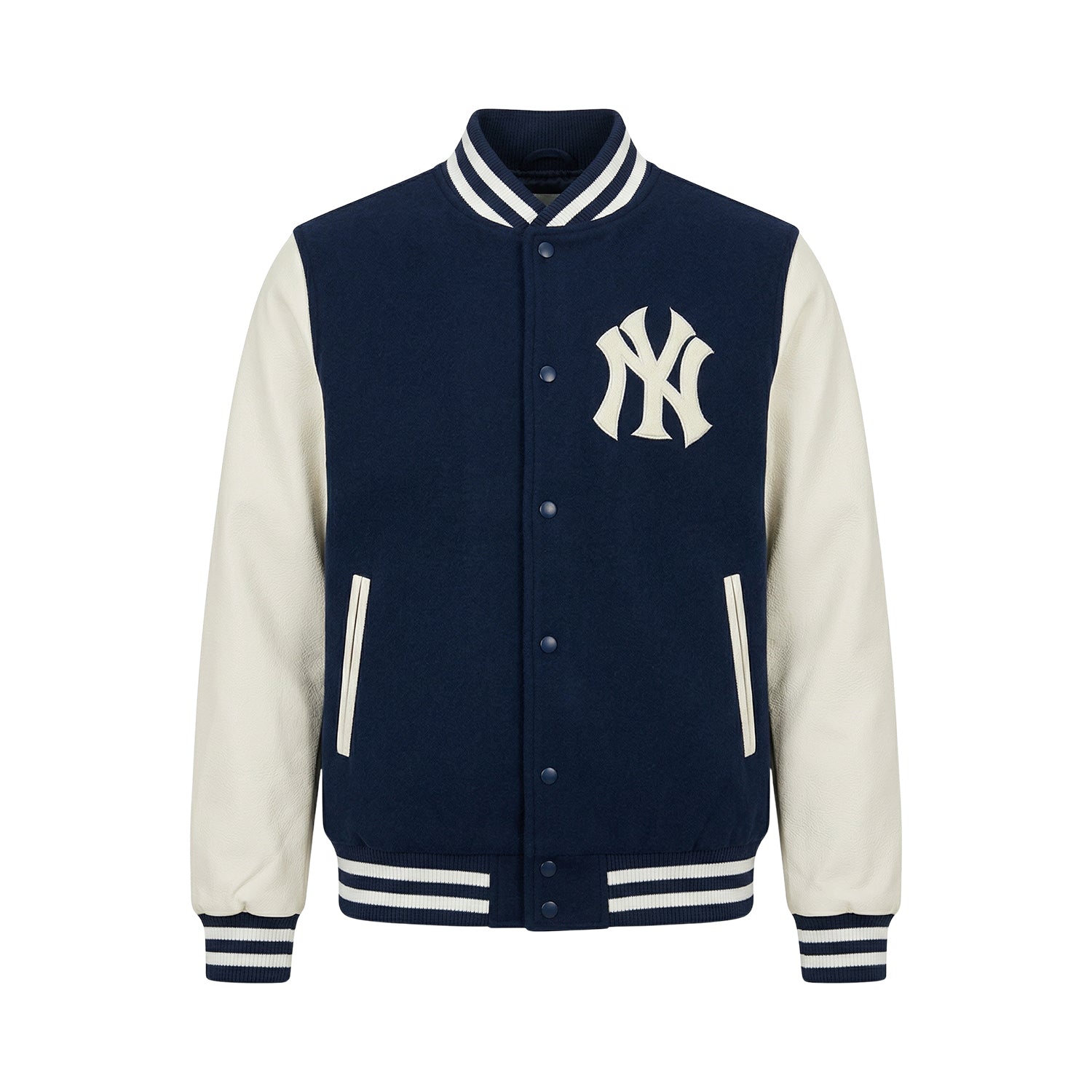 MLB Men's New York Yankees Navy Blue Wool & White Leather Varsity Jacket