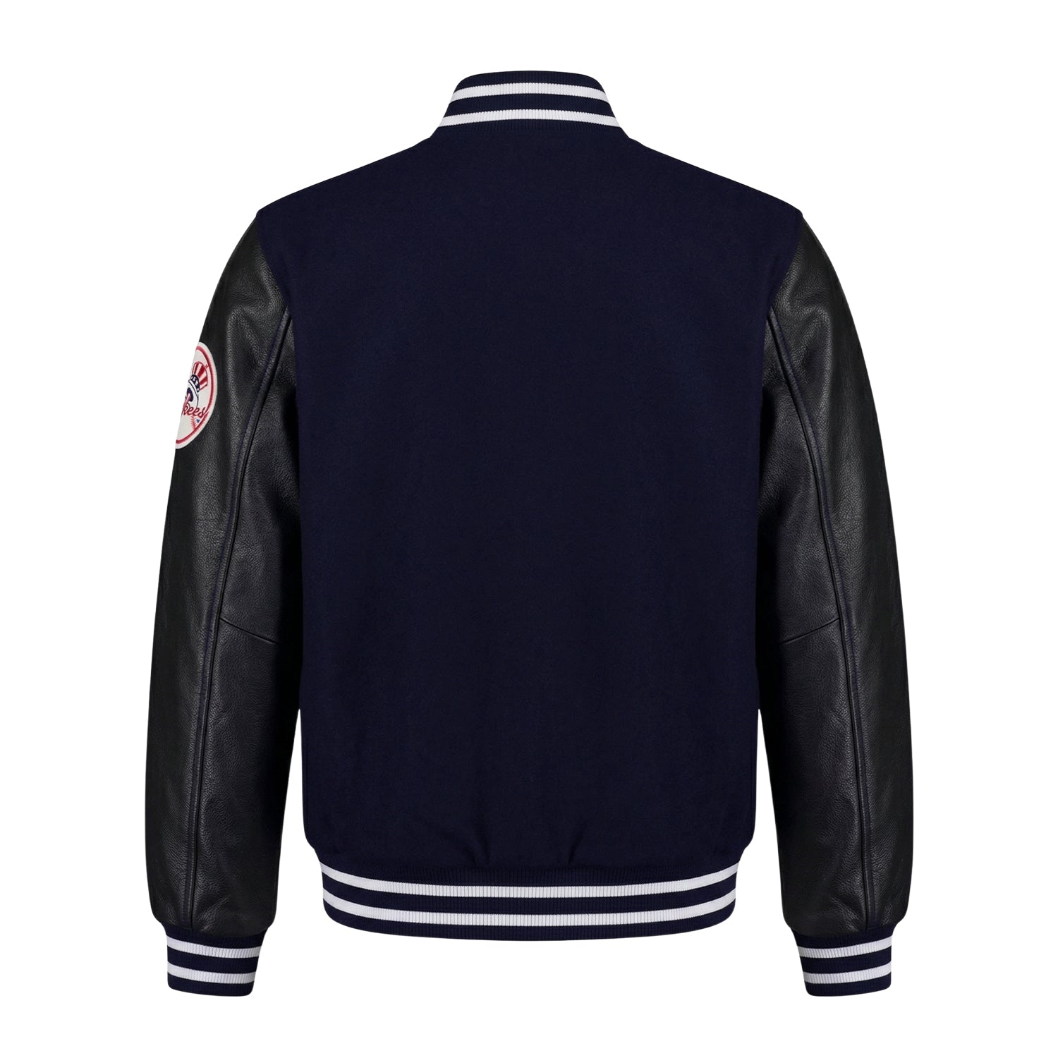 MLB Men's New York Yankees Navy Wool with Black Leather Sleeves Varsity Jacket (Back)