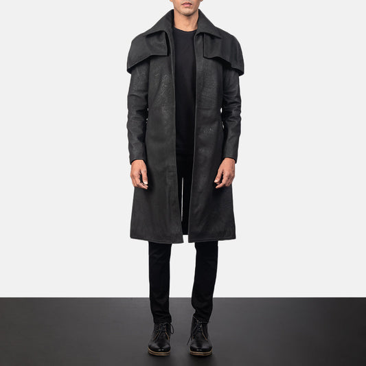 Classic Distressed Black Leather Duster Trench coat