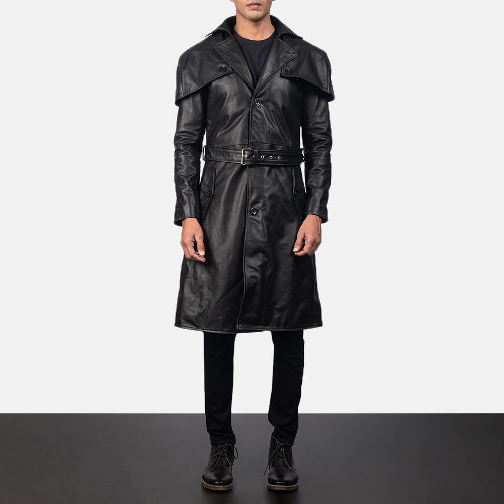 Deux Black Leather Duster Trench Coat