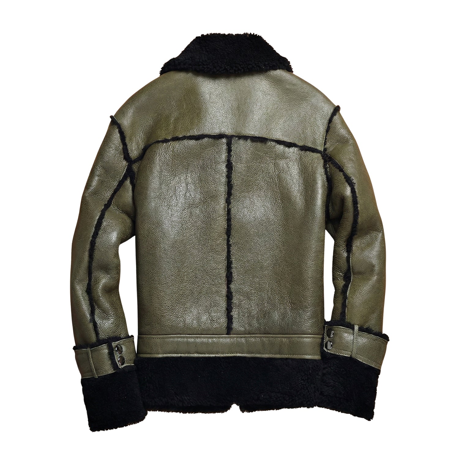Men's B3 Flight Black Fur Olive Green Shearling Jacket (Back)