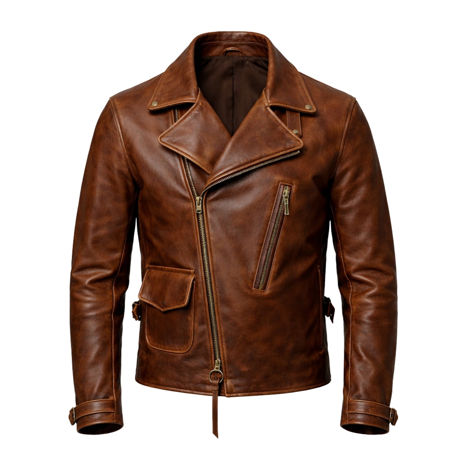 Men's Biker Asymmetric Zip Distressed Brown Leather Jacket