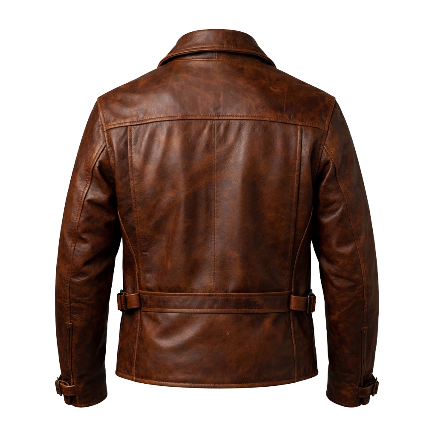 Men's Biker Asymmetric Zip Distressed Brown Leather Jacket (Back)