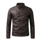 Men's Biker Belted Buckle Collar Dark Brown Leather Jacket
