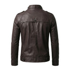 Men's Biker Belted Buckle Collar Dark Brown Leather Jacket (Back)