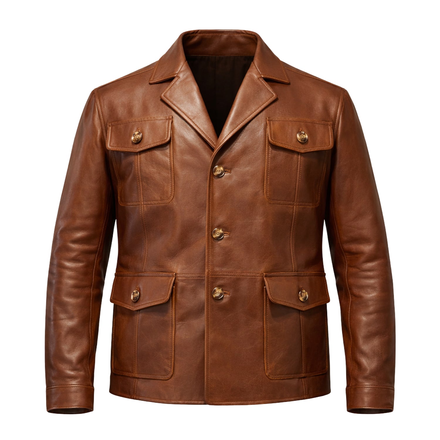 Men's Biker Ribbed Cuffs Brown Leather Jacket