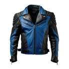 Men's Biker Ribbed Details Black & Blue Leather Jacket