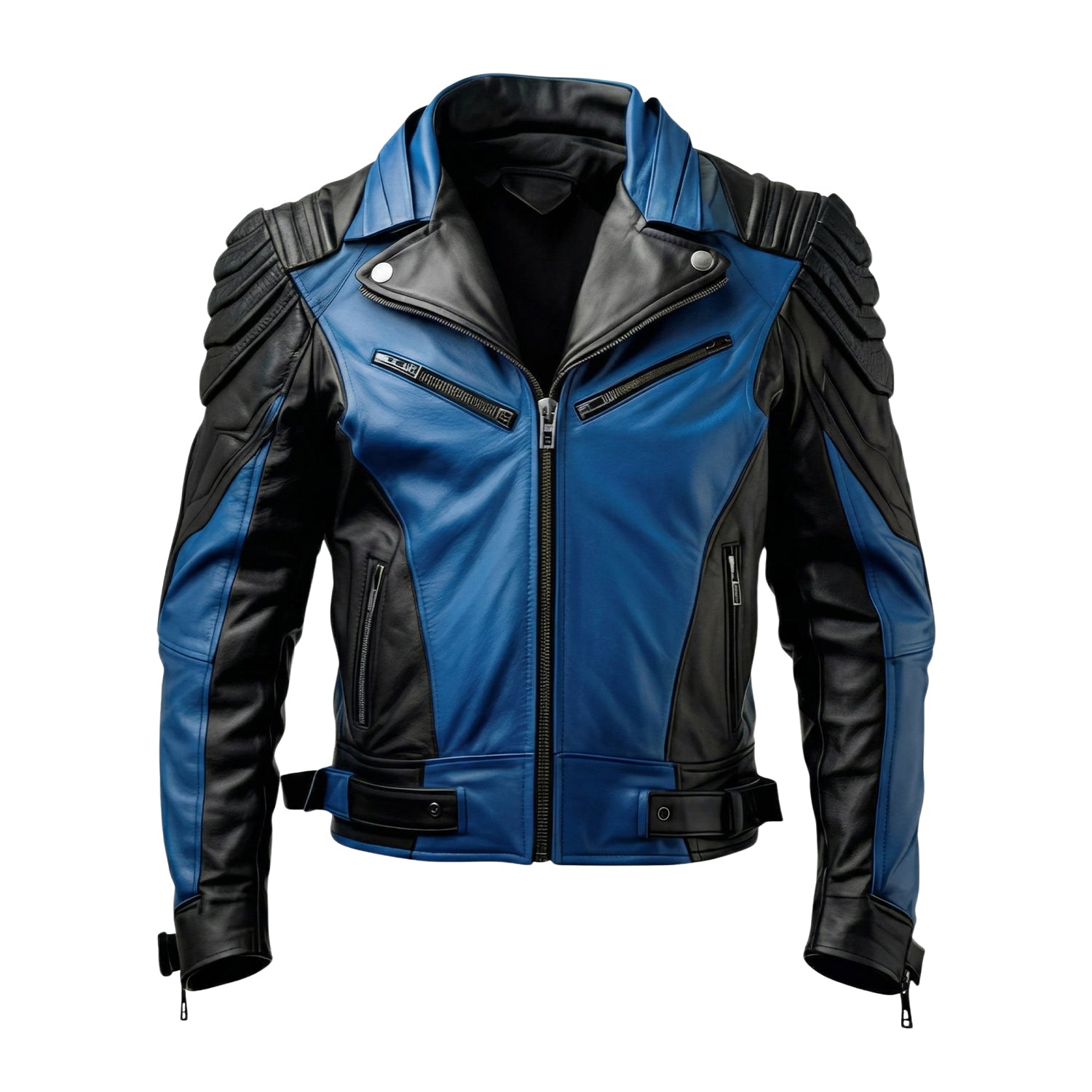 Men's Biker Ribbed Details Black & Blue Leather Jacket