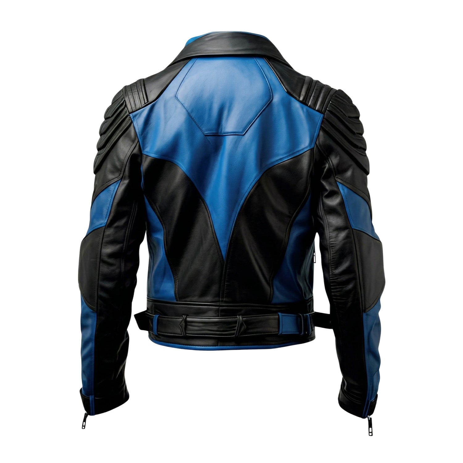 Men's Biker Ribbed Details Black & Blue Leather Jacket (Back)
