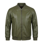 Men's Bomber Ribbed Cuffs Olive Green Leather Jacket
