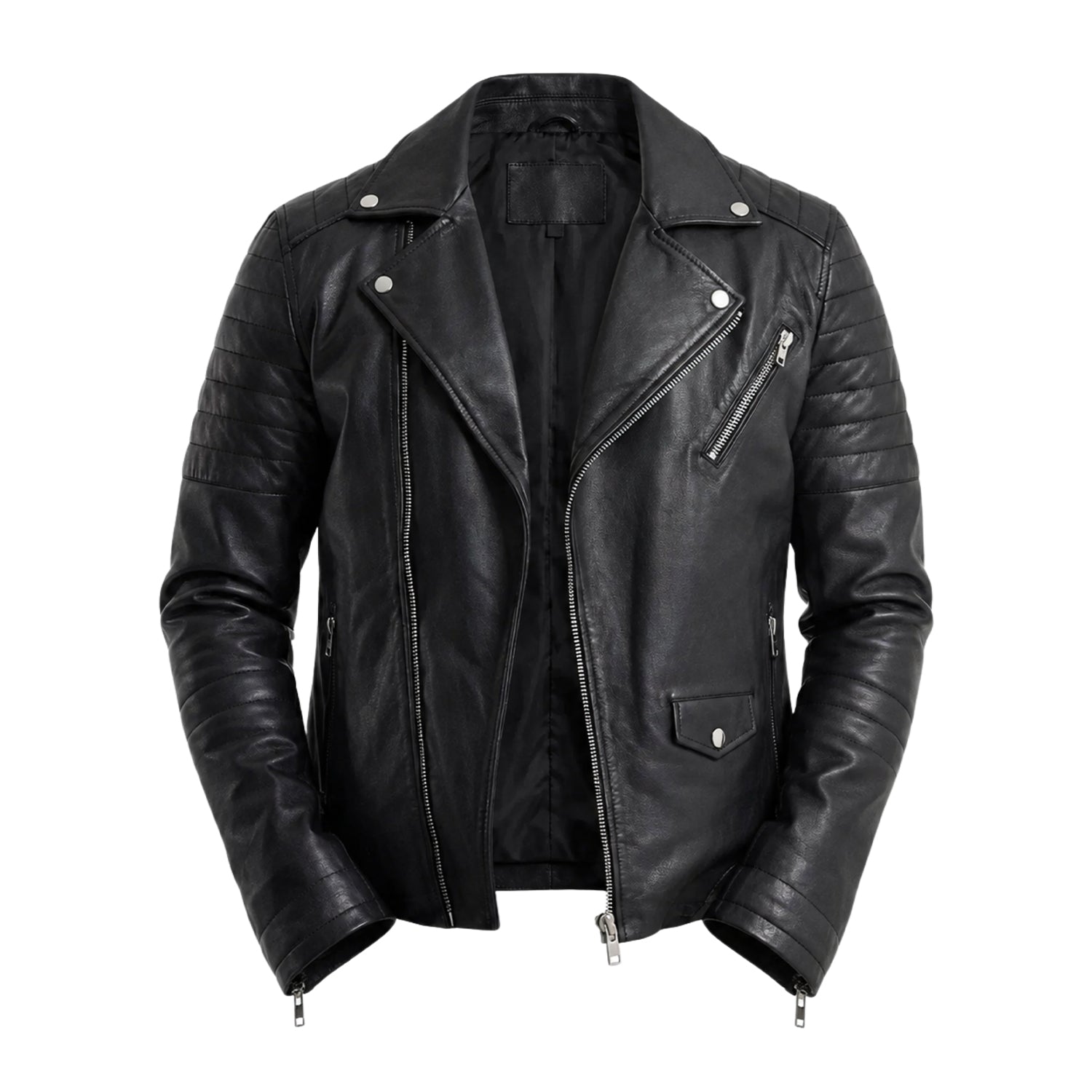 Men's Moto Ribbed Sleeves Black Leather Jacket