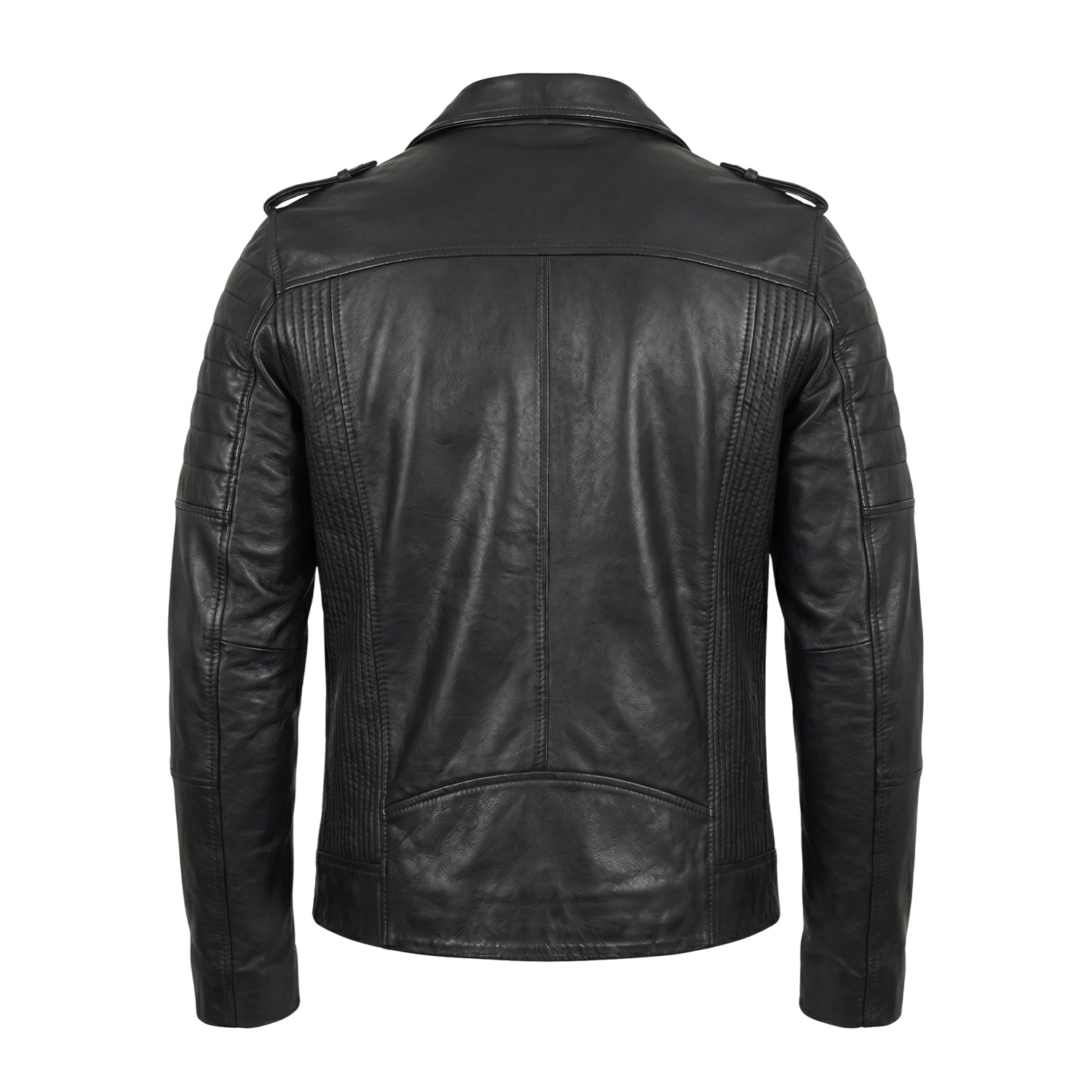 Men's Moto Ribbed Sleeves Black Leather Jacket (Back)