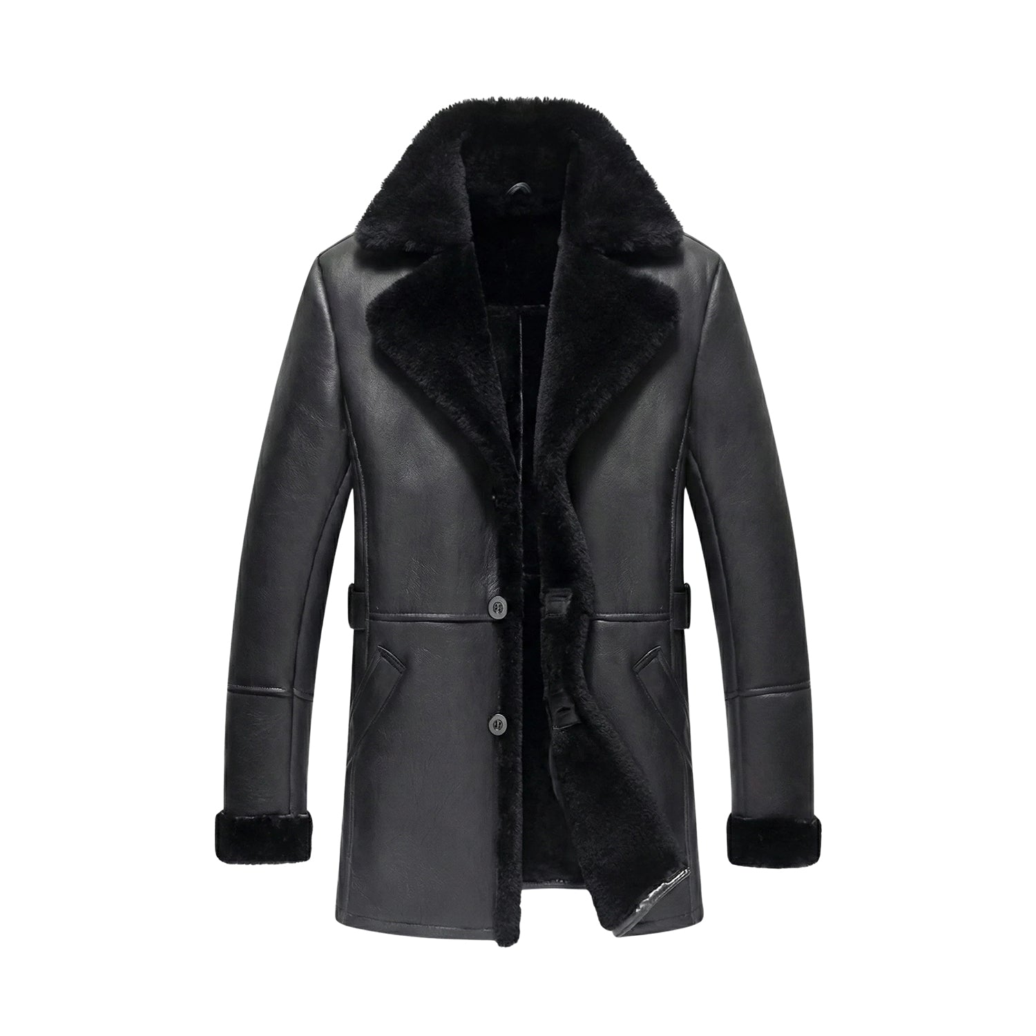 Men's Aviator Plush Shearling Lining Black Trench Coat