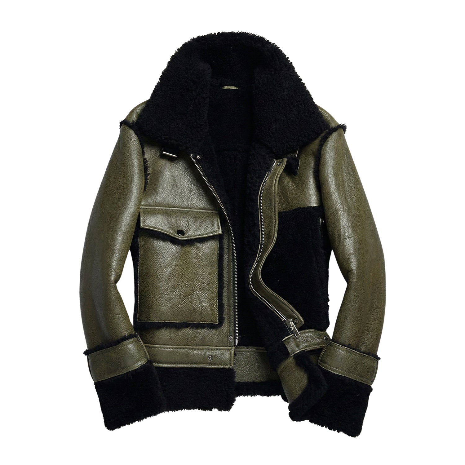 Men's B3 Flight Black Fur Olive Green Shearling Jacket