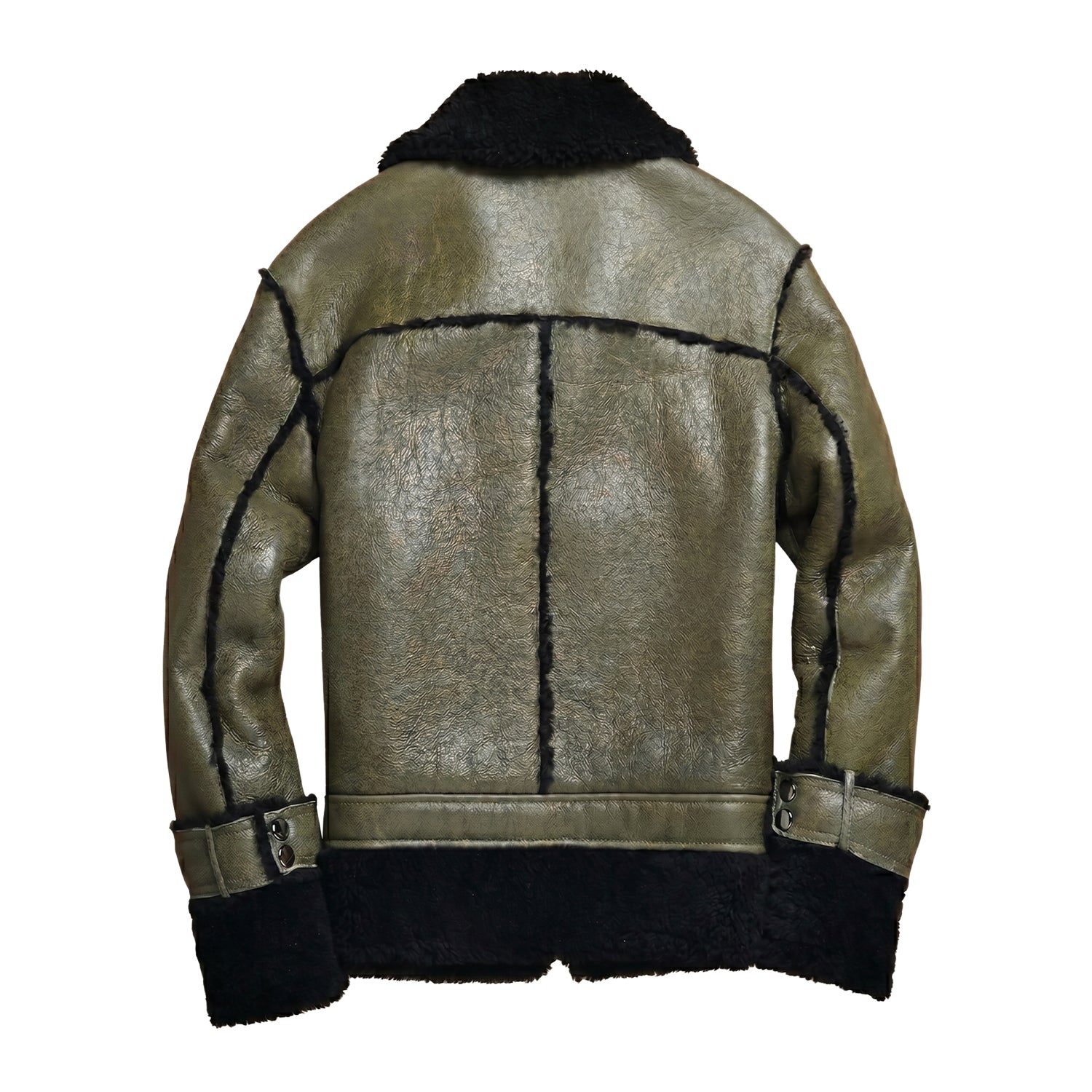 Men's B3 Flight Black Fur Olive Green Shearling Jacket (Back)