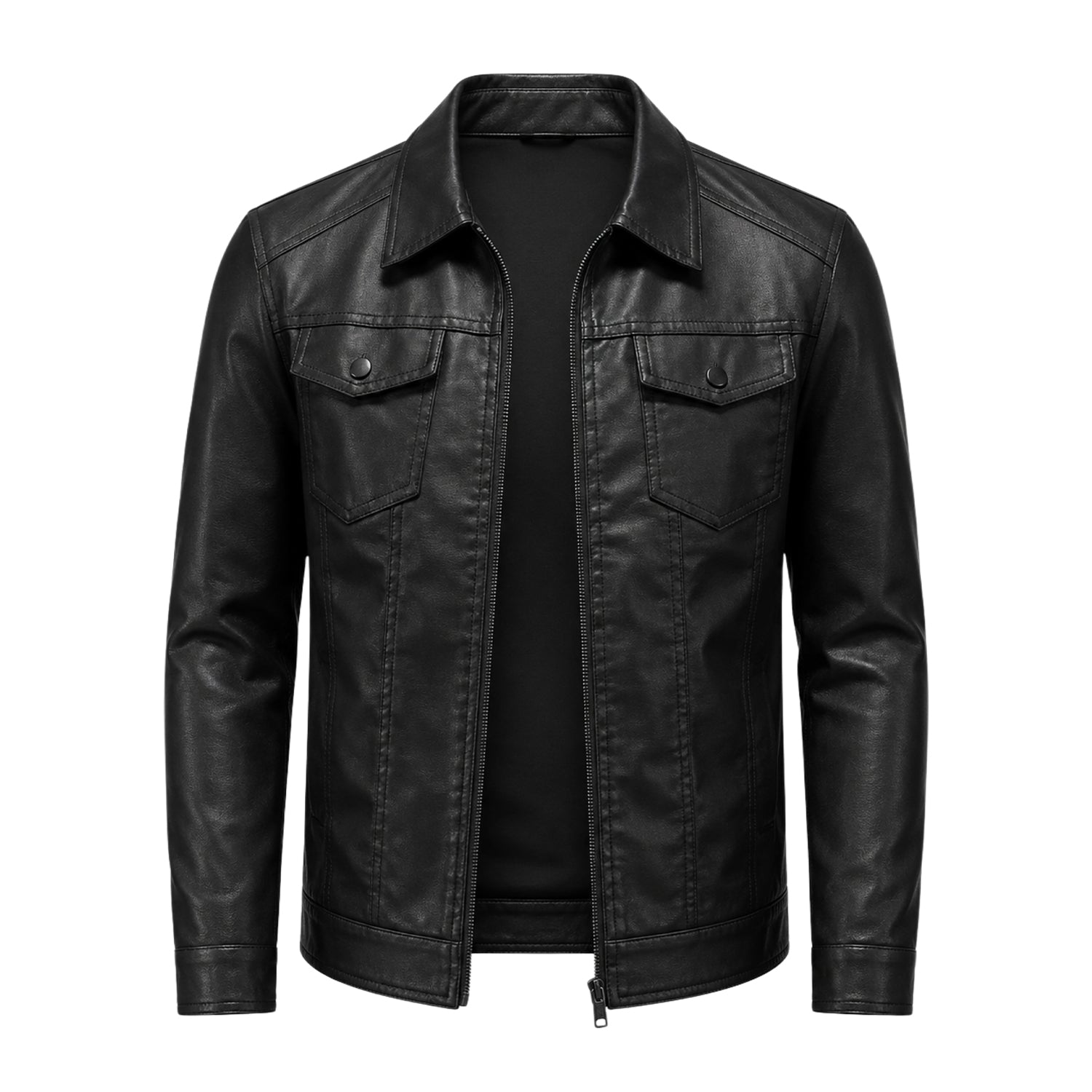Men's Biker Lapel Collar Black Leather Jacket