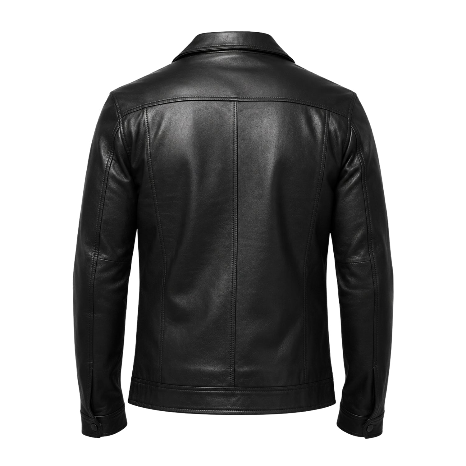 Men's Biker Lapel Collar Black Leather Jacket (Back)