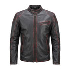 Men's Biker Ribbed Cuffs Black Leather Jacket