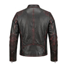 Men's Biker Ribbed Cuffs Black Leather Jacket (Back)