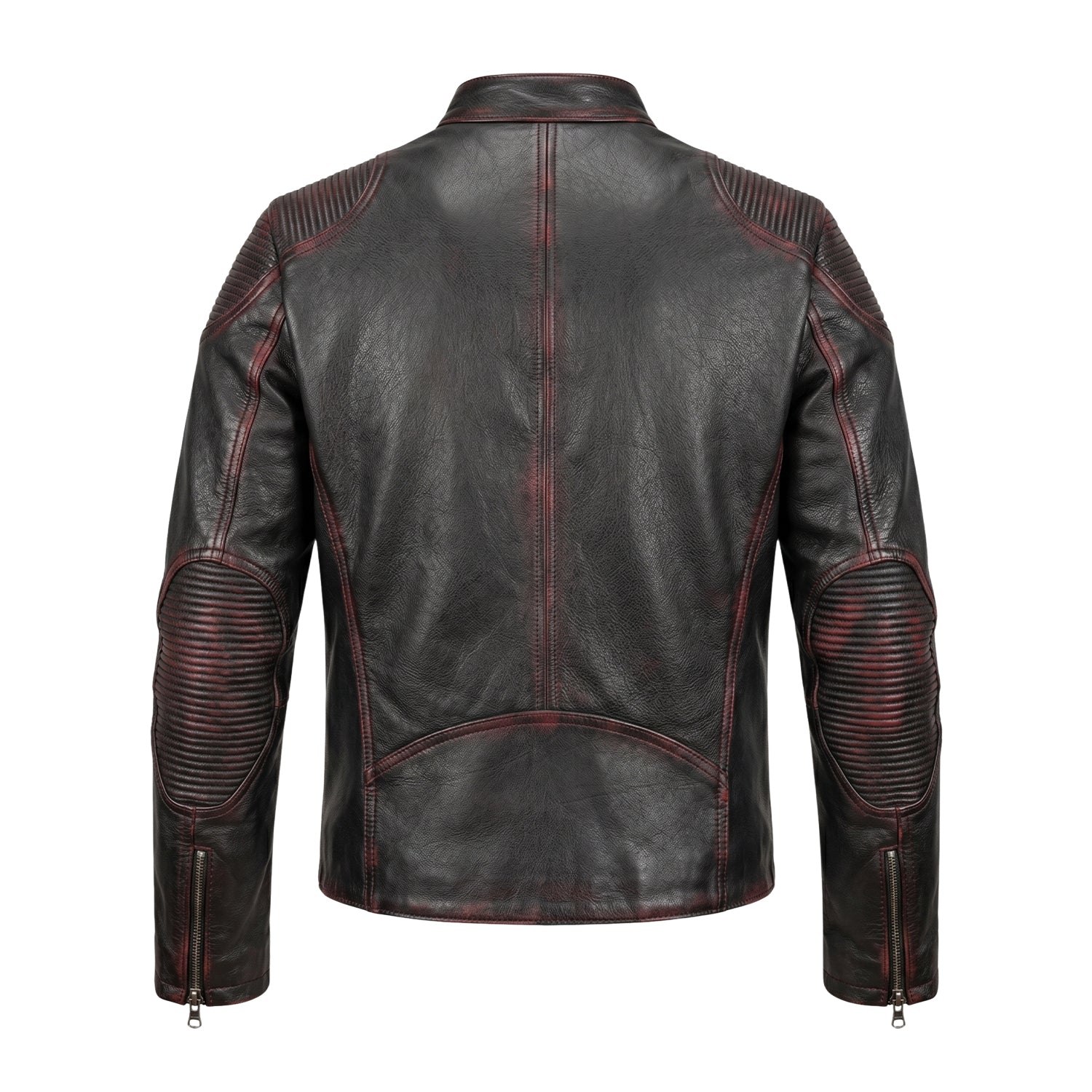 Men's Biker Ribbed Cuffs Black Leather Jacket (Back)