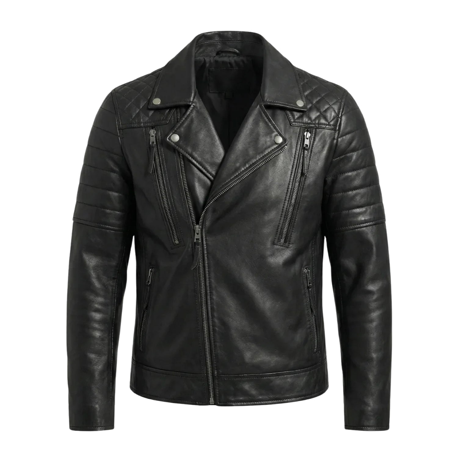 Men's Biker Ribbed Cuffs Black Napa Leather Jacket 