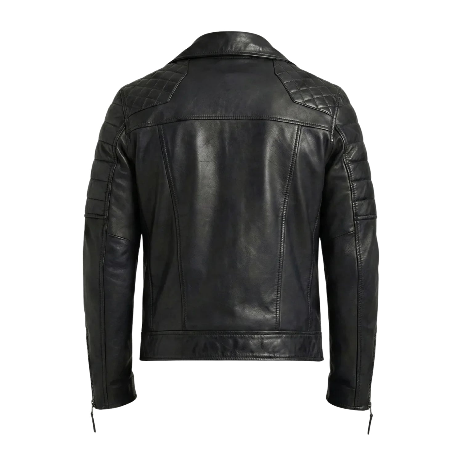 Men's Biker Ribbed Cuffs Black Napa Leather Jacket (Back)