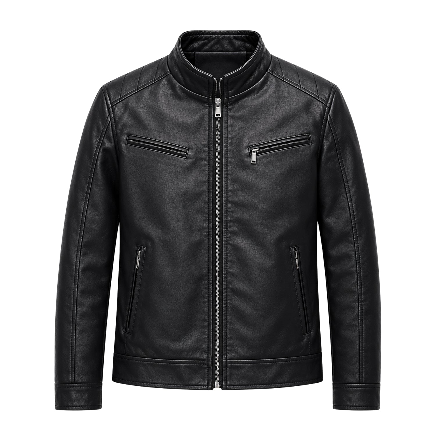 Men's Biker Ribbed Cuffs Black Premium Leather Jacket