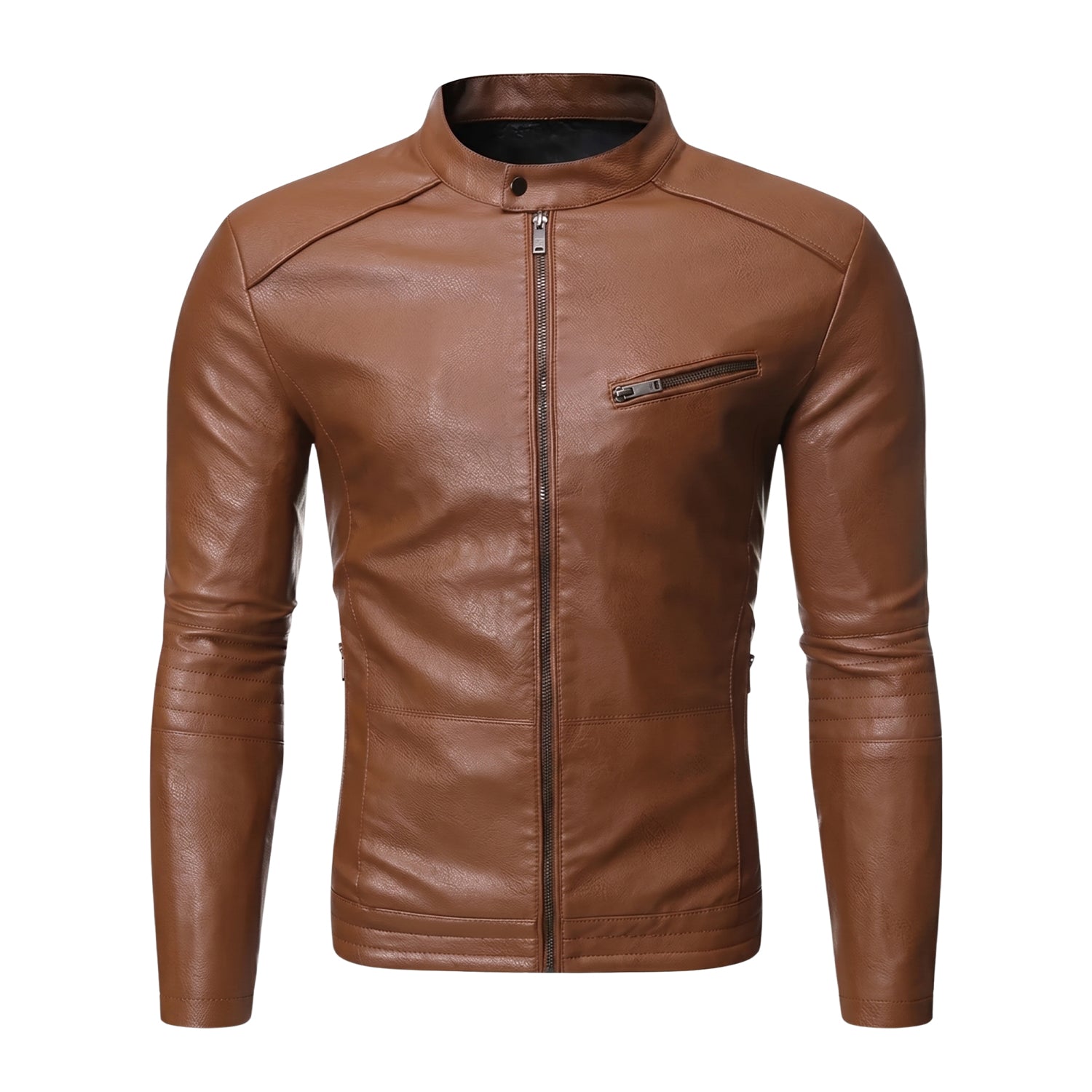 Men's Biker Ribbed Cuffs Brown Premium Leather Jacket