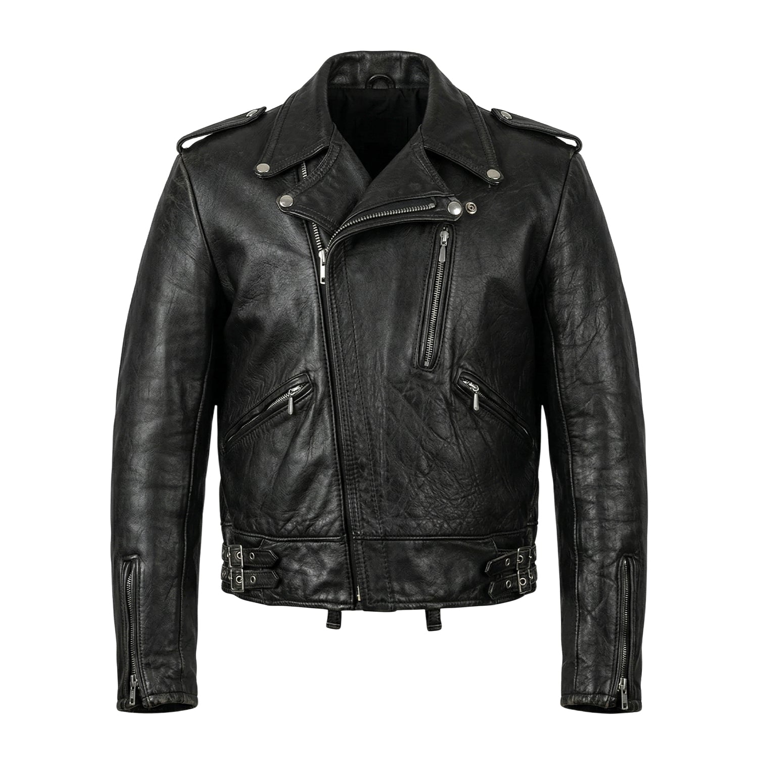 Men's Biker Ribbed Cuffs Leather Jacket 