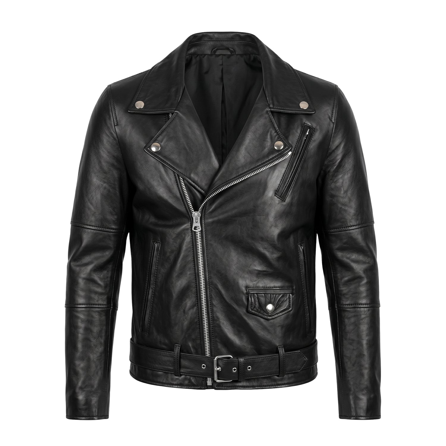 Men's Biker Ribbed Cuffs Sheepskin Leather Jacket