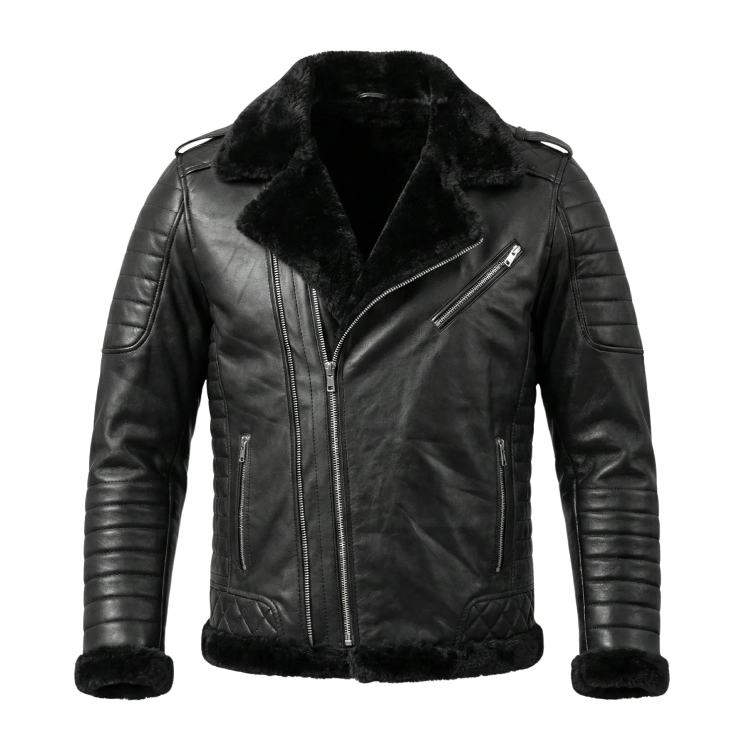 Men's Biker Shearling Lined Black Shearling Jacket