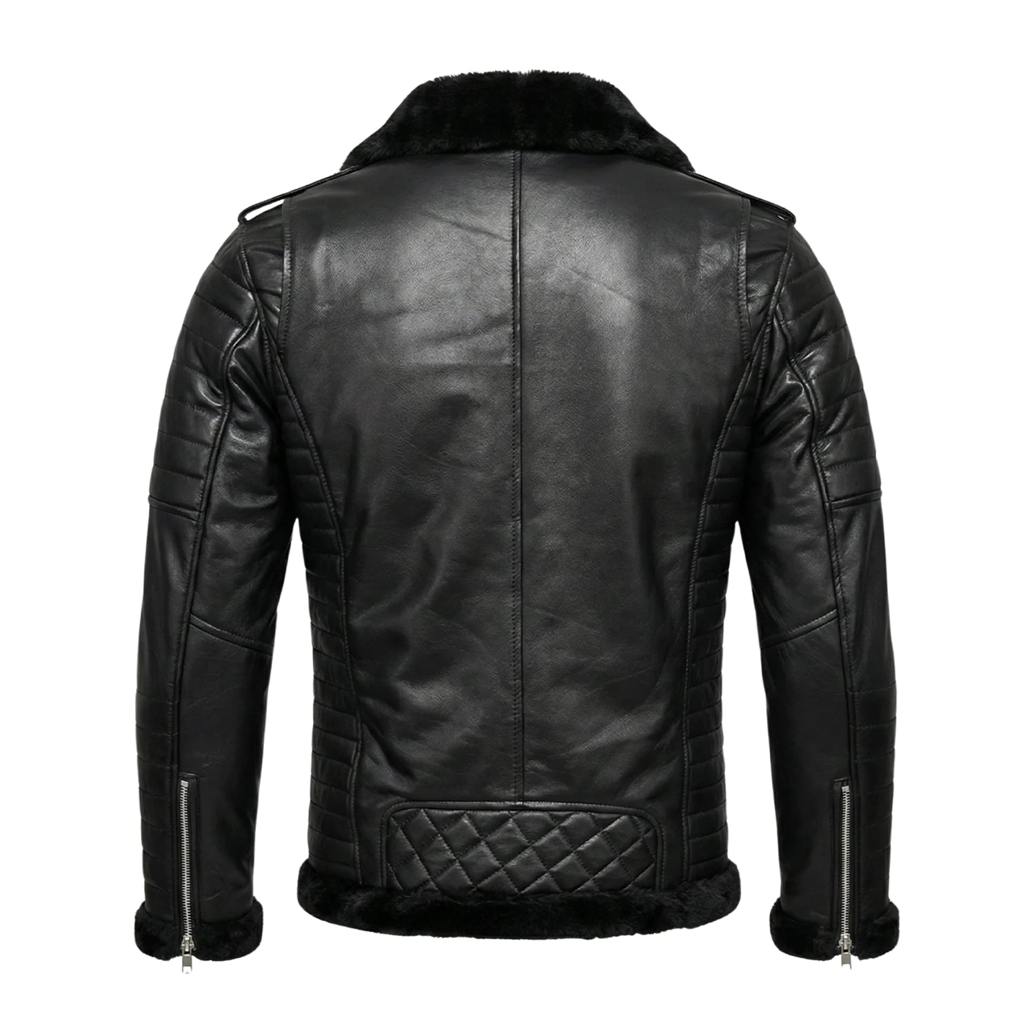 Men's Biker Shearling Lined Black Shearling Jacket (Back