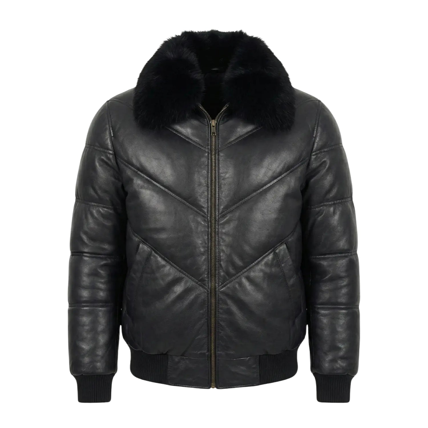 Men's Bomber Removable Collar Black Puffer Jacket