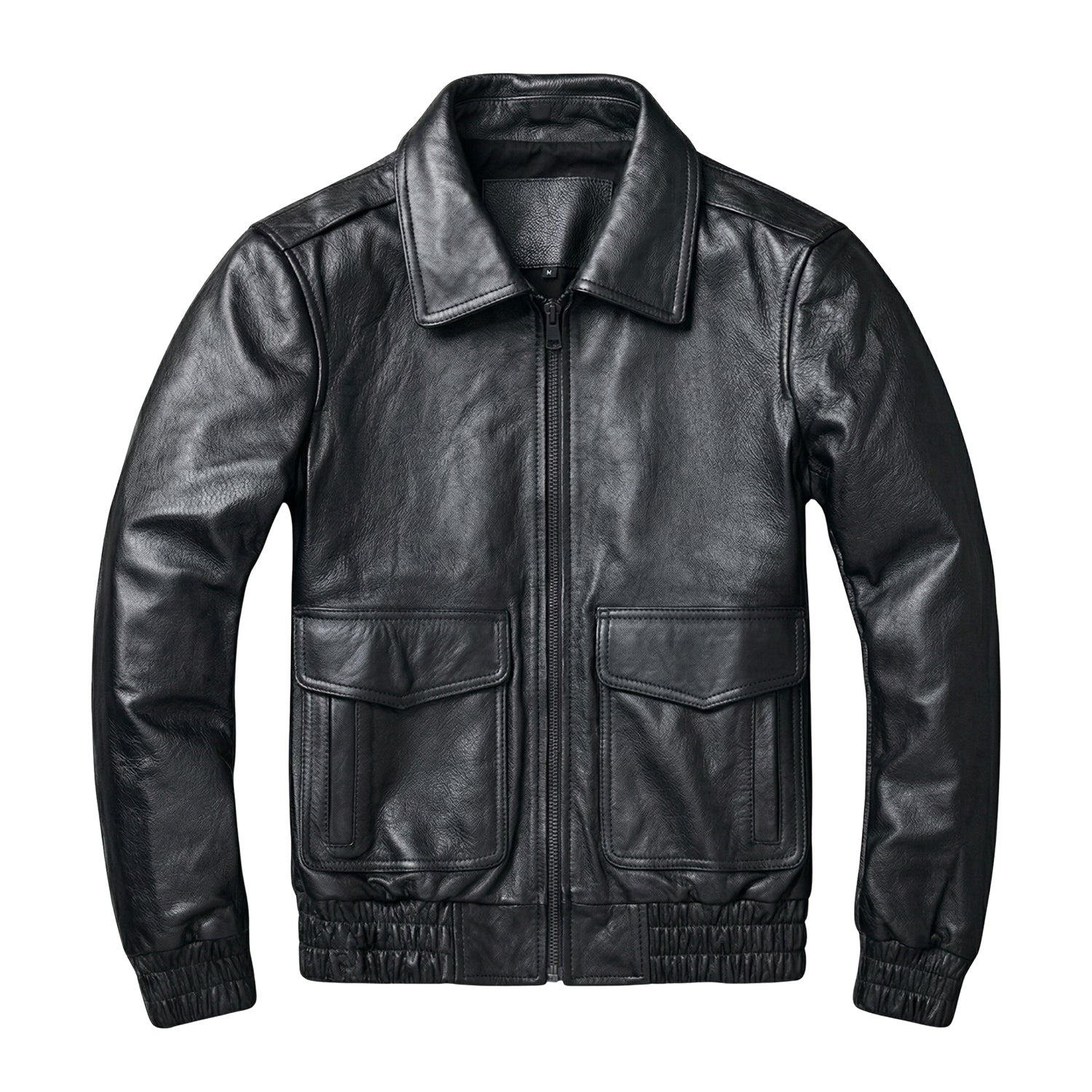 Men's Bomber Ribbed Cuffs Black Leather Jacket