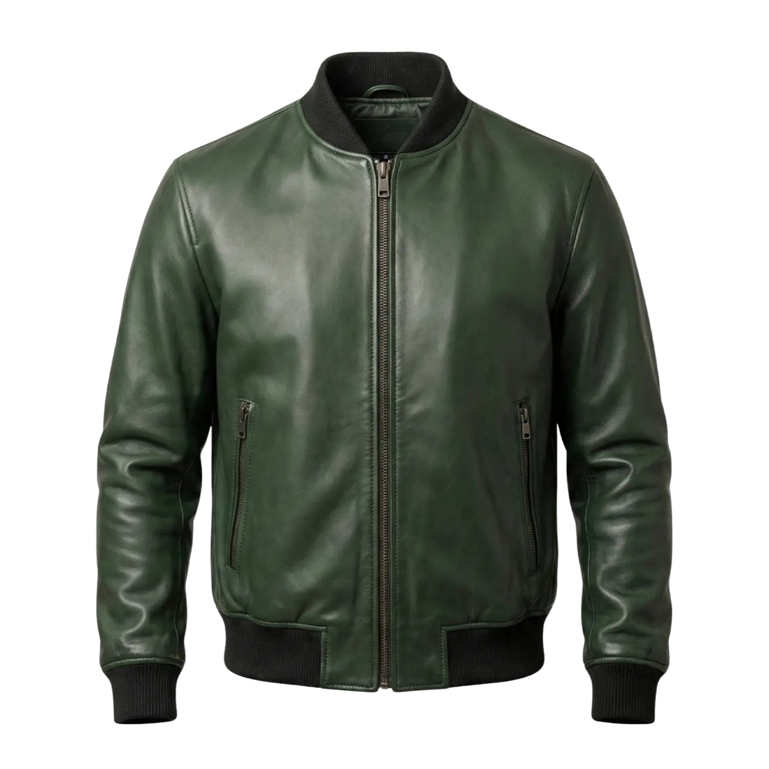 Men's Bomber Ribbed Cuffs Green Leather Jacket