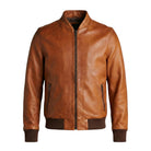Men's Bomber Ribbed Detailing Brown Leather Jacket 