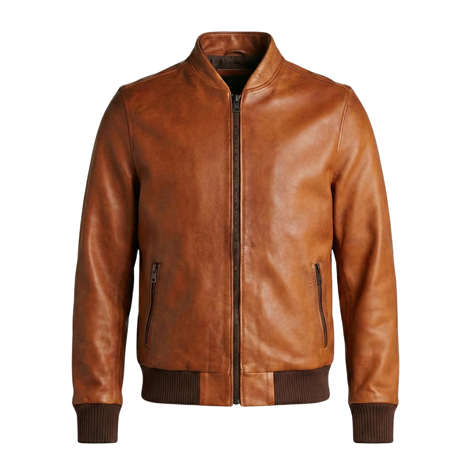 Men's Bomber Ribbed Detailing Brown Leather Jacket 