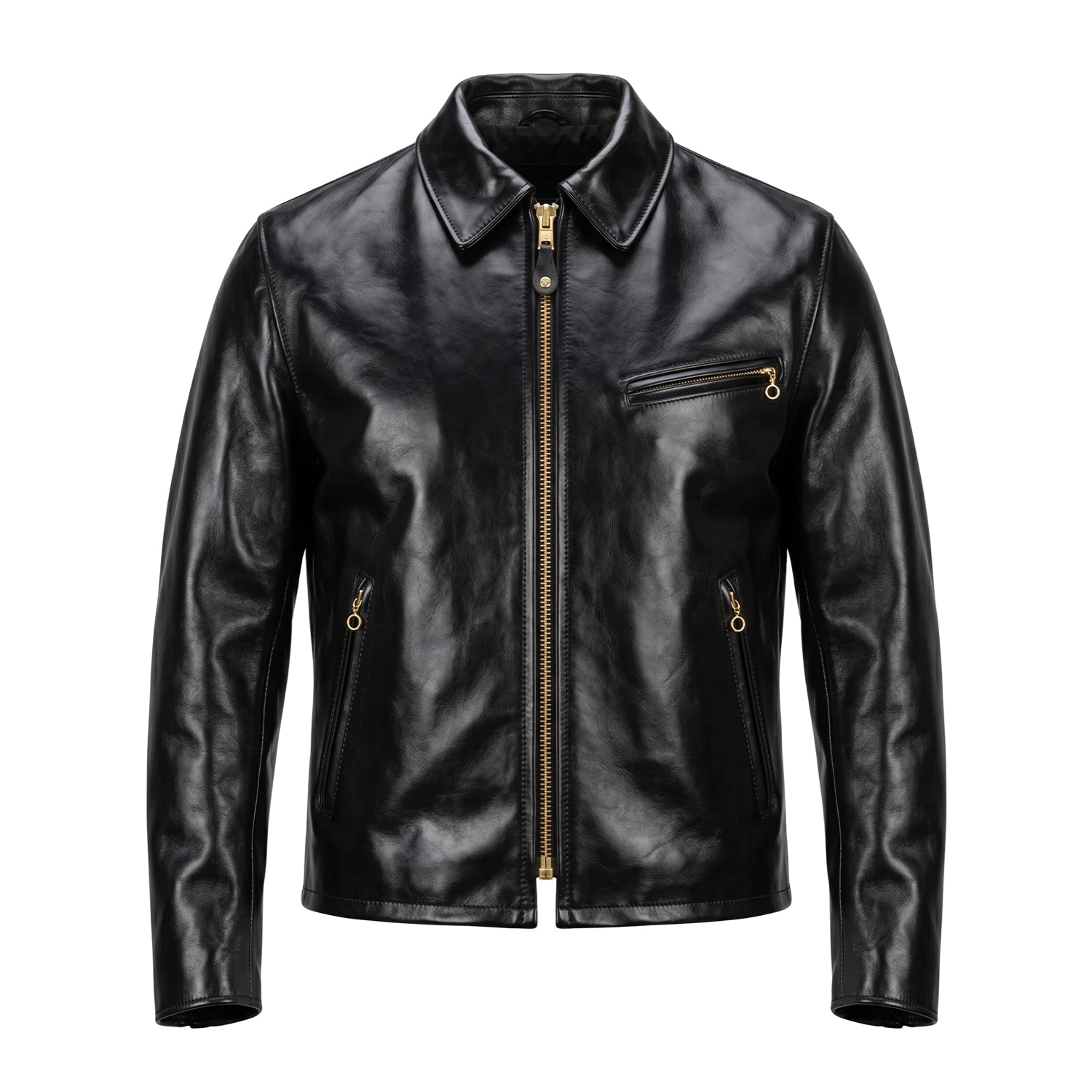 Men's Cafe Racer Golden Zip Black Leather Jacket
