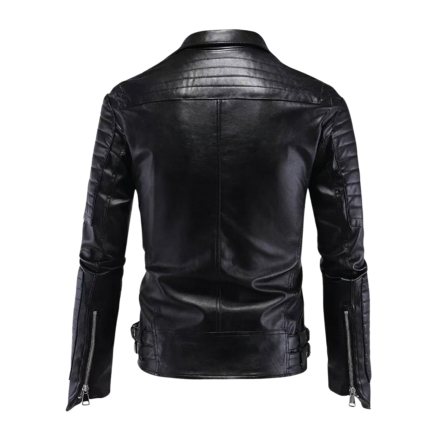 Men's Cafe Racer Ribbed Cuffs Black Faux Leather Jacket (Back)
