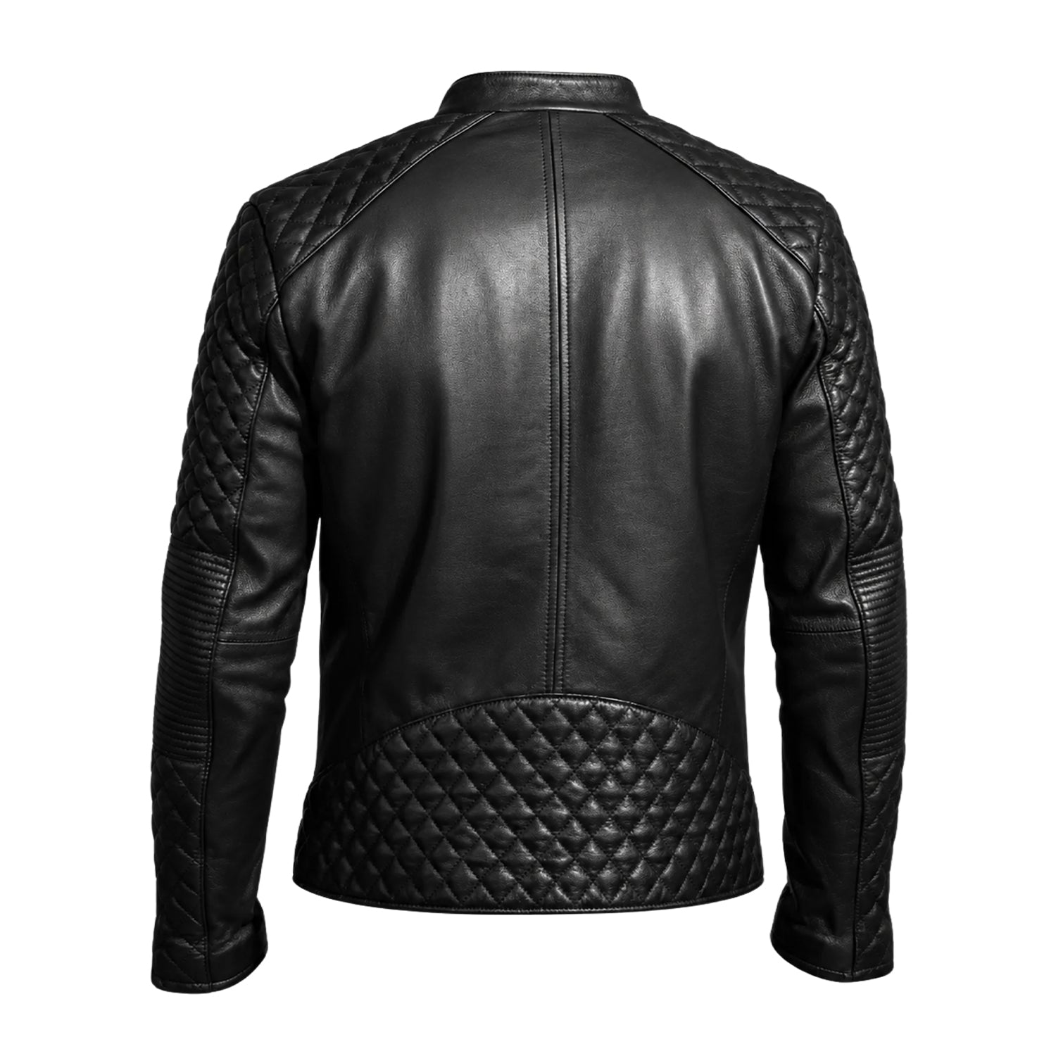 Men's Cafe Racer Ribbed Cuffs Black Premium Leather Jacket (Back)