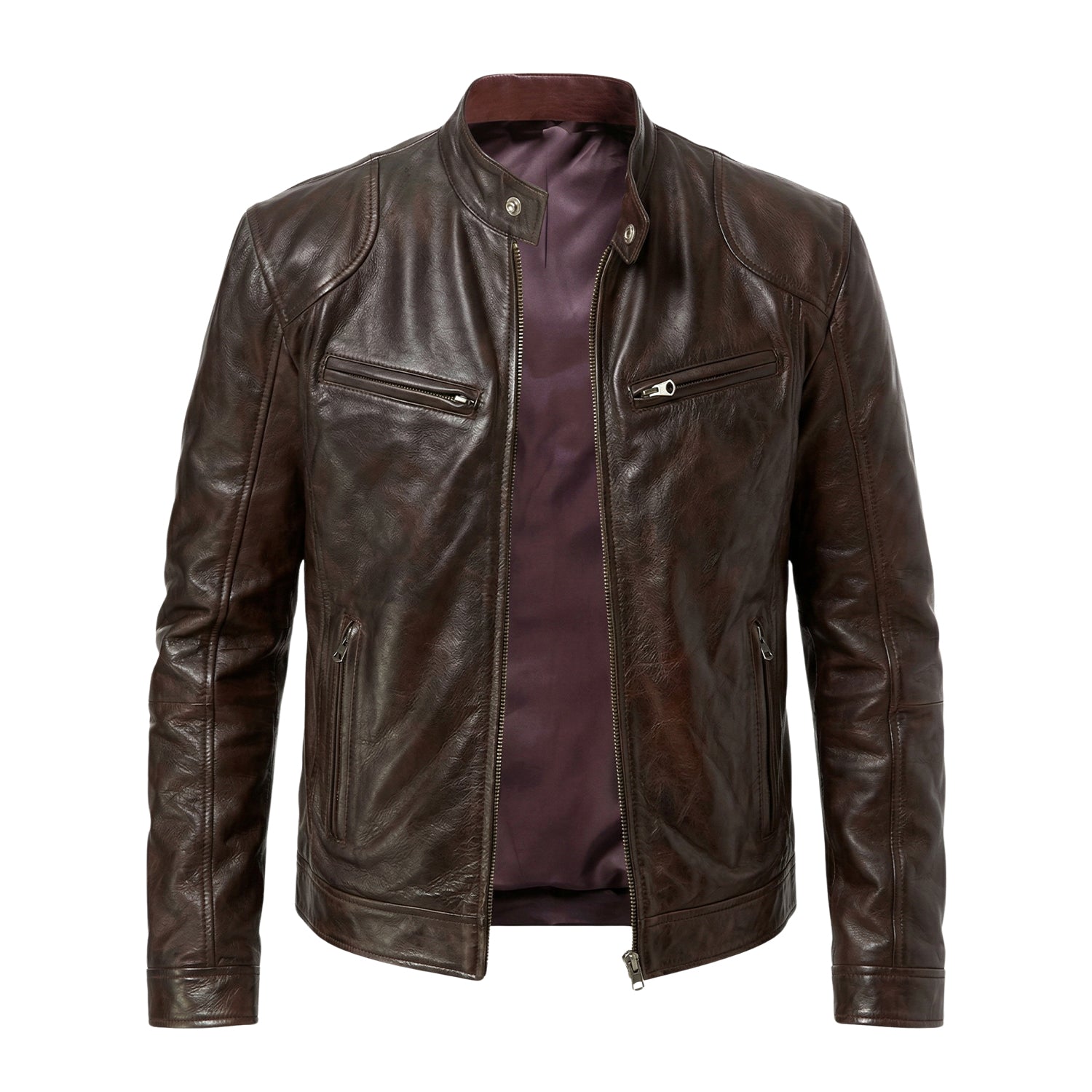 Men's Cafe Racer Ribbed Cuffs Brown Leather Jacket
