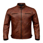 Men's Cafe Racer Ribbed Cuffs Brown Sheepskin Leather Jacket 