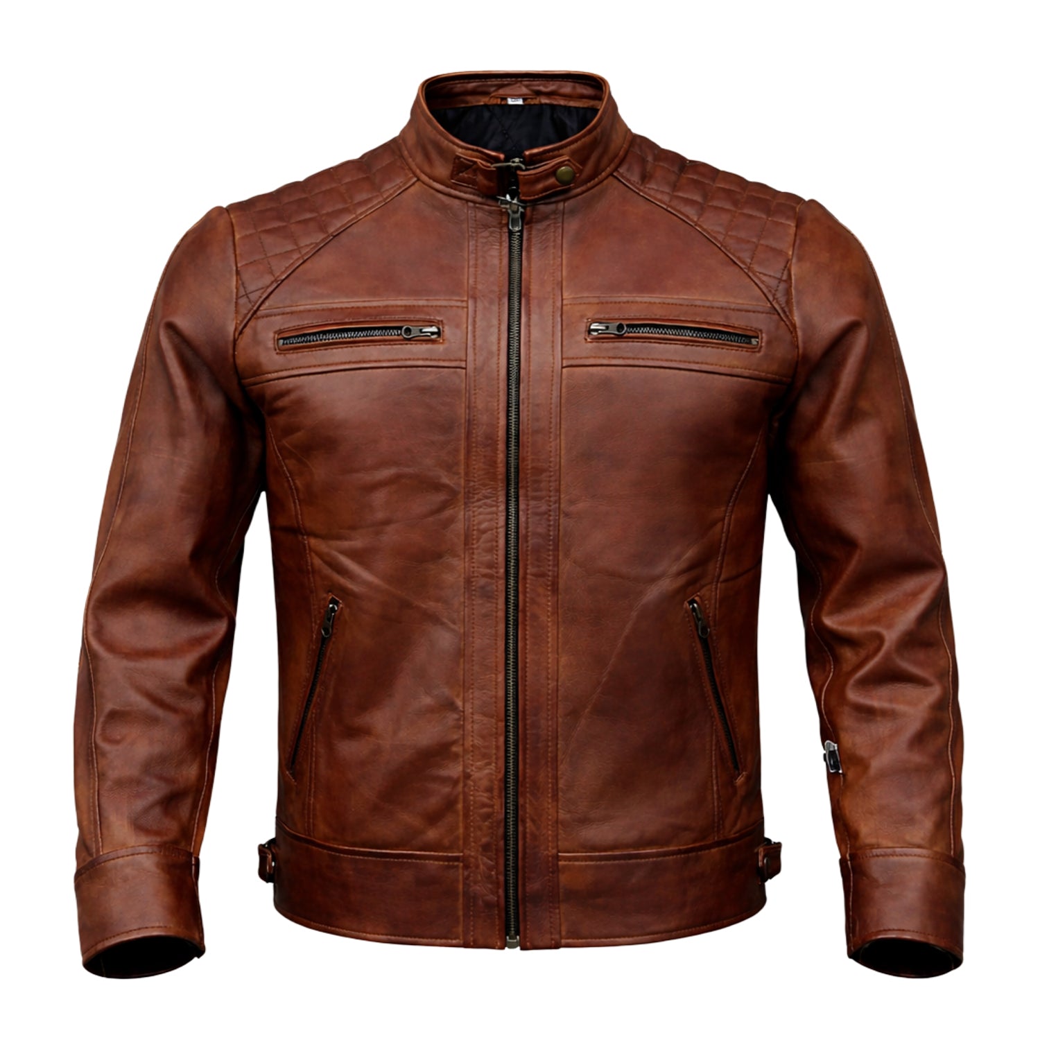 Men's Cafe Racer Ribbed Cuffs Brown Sheepskin Leather Jacket 