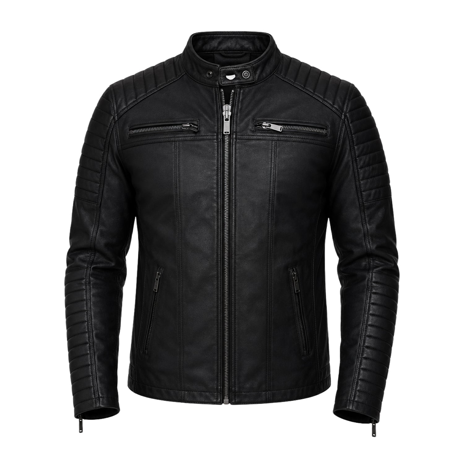 Men's Cafe Racer Ribbed Cuffs Sheepskin Leather Jacket